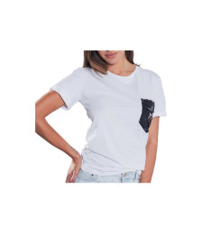 Jadea, T-shirt donna moda con inserti in payette su taschino, colore e taglie a scelta