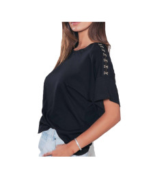 Jadea, T-shirt cotone da donna colore nero con gancetti sulle maniche, taglie a scelta